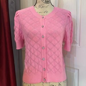 Charter Club Short Puffy Sleeves Sweater Top w/Flower Shaped Crystal Buttons